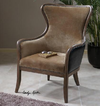 3.25' Caramel Tan Velvet Weathered Pine Wing Arm Chair 