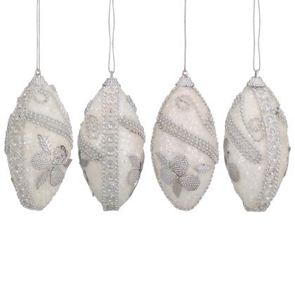 4ct White and Silver Shatterproof Glitter Christmas Finial Ornaments 4.5