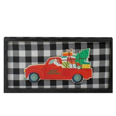 16” Black and White Buffalo Plaid Santa Farm Truck Wooden Christmas Plaque 