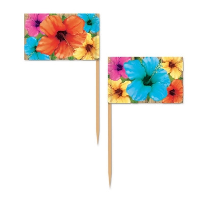 Club Pack of 12 Blue and Orange Floral Hibiscus Food or Drink Decoration Picks 2.5
