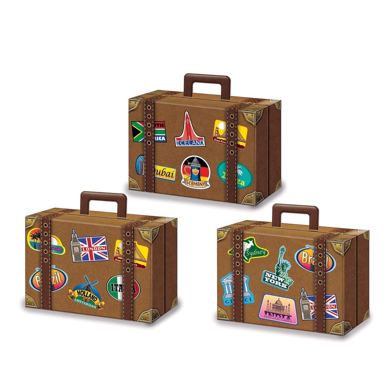 Club Pack of 12 Multi-Color All Around the World 3D Luggage Boxes with Passport Stickers 5.5