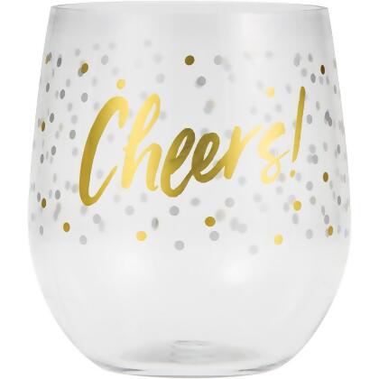 Club Pack of 6 White “Cheers” Printed Stemless Reusable Wine Glasses 3.5