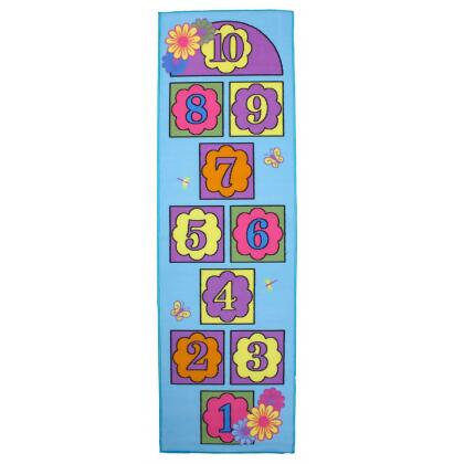 2' x 6' Sky Blue, Pink, and Lavender Rectangular Hopscotch Daisy Flowers With Numbers Rug 