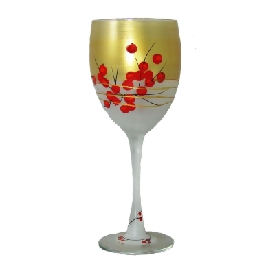 Set of 2 Gold and Red Berries Hand Painted Wine Drinking Glasses 10.5 oz. 