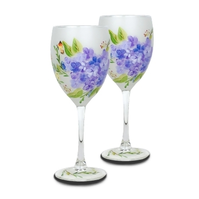 Set of 2 White and Blue Floral Hand Painted Wine Glass 10.5 oz. 