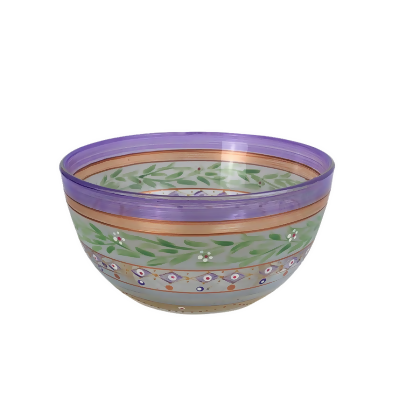 Set of 2 Purple Mosaic Garland and Stripes Hand Painted Glass Serving Bowls 6
