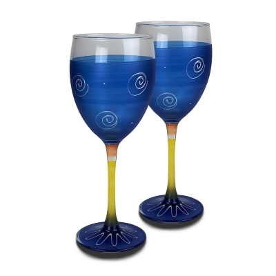 Set of 2 Blue and White Hand Painted Wine Drinking Glasses 10.5 oz. 