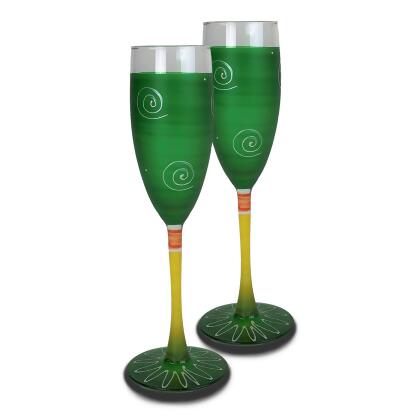 Set of 2 Green and White Contemporary Hand Painted Wine Glasses 5.75 oz. 