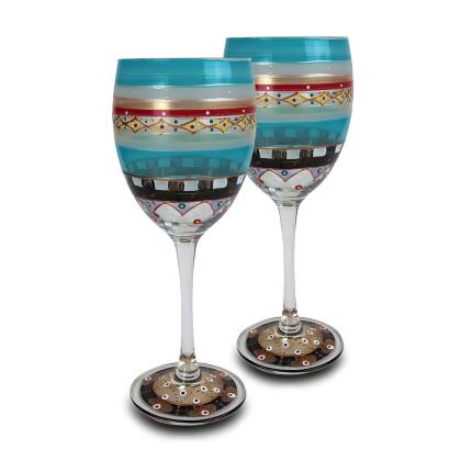 Set of 2 Blue Mosaic Carnival Confetti Hand Painted Wine Drinking Glasses 8