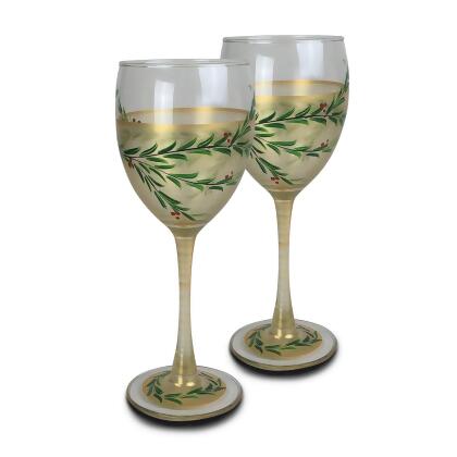Set of 2 Gold Christmas Garland Hand Painted Wine Drinking Glasses Glasses 8