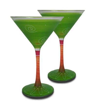 Set of 2 Green and Orange Contemporary Hand Painted Wine Glasses 7.5 oz. 