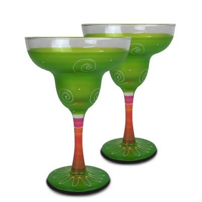 Set of 2 Green and Orange Contemporary Hand Painted Wine Glasses 12 oz. 