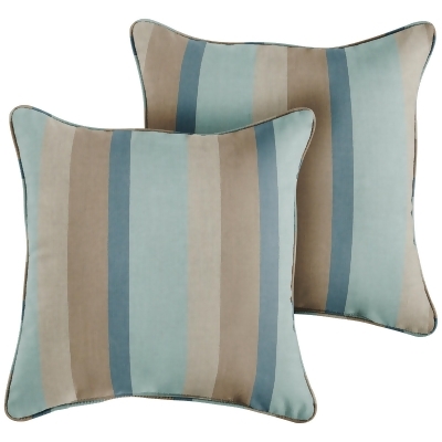Set of 2 Gateway Mist Blue and Brown Stripes Decorative Corded Square Pillows, 18