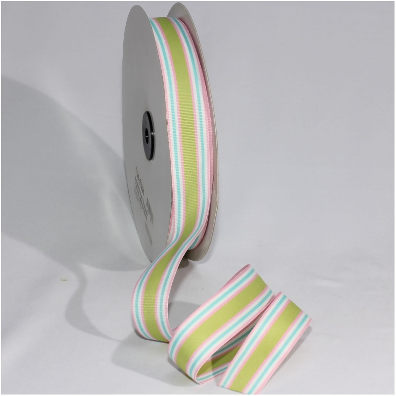 Pink, Green & Yellow Striped Grosgrain Woven Craft Ribbon 1 x 55