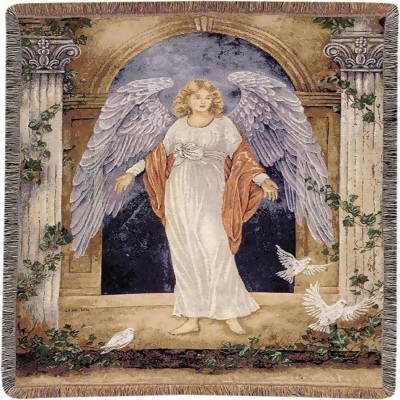 White and Blue Guardian Angel Contemporary Fringed Tapestry Throw Blanket 51