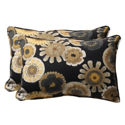 Set of 2 Black and Gray Floral Rectangular Outdoor Corded Throw Pillows 24.5-Inch 