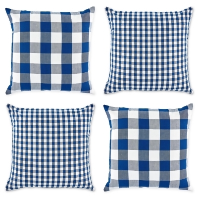Set of 4 Blue and White Gingham and Buffalo Check Pillow Cover, 18