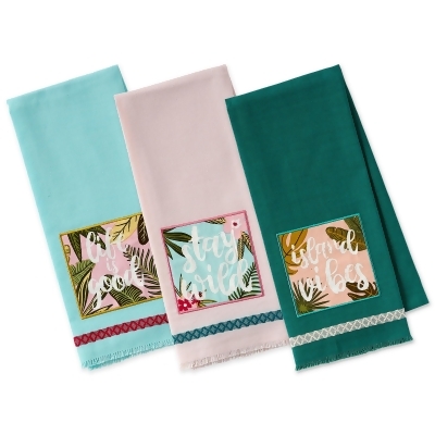 Set of 3 Pink and Blue Island Tropics Embellished Dish Towel, 28