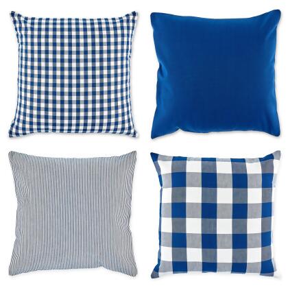 Set of 4 Assorted Navy Blue and Off White Checkered Pillow Covers, 18