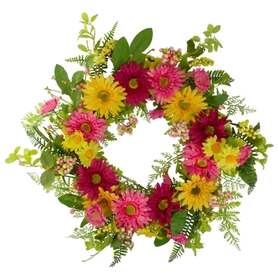 Chrysanthemum and Daisy Floral Spring Wreath, Pink and Yellow 23