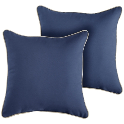 Set of 2 Blue and Ivory Corded Indoor and Outdoor Square Pillows, 18-Inch 