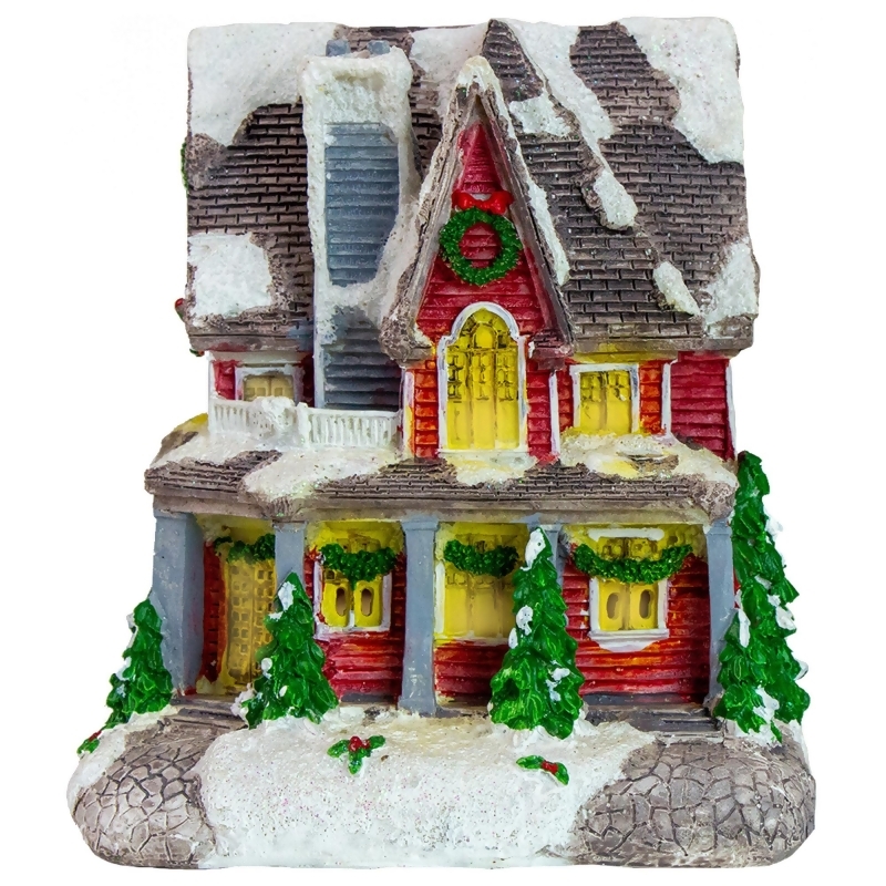 5 Red LED Lighted Snowy House Christmas Village Decoration 