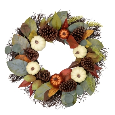 Pumpkin, Pinecone, and Gourd Artificial Fall Harvest Wreath, 24-Inch, Unlit 