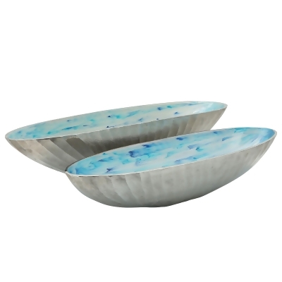 Set of 2 Sky Blue and White Ribbed Exterior Oval Bowls 24