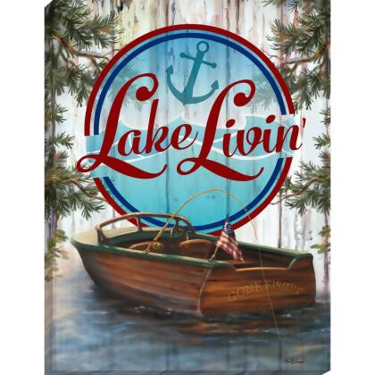 Blue and Brown 'Lake Livin' Rectangular Wall Art Decor 24