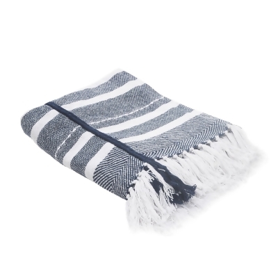 Navy Blue and White Horizontal Striped Fringed Throw Blanket 50