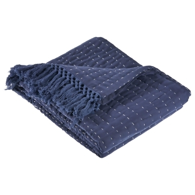 Navy Blue and White Woven Fringed Throw Blanket 50