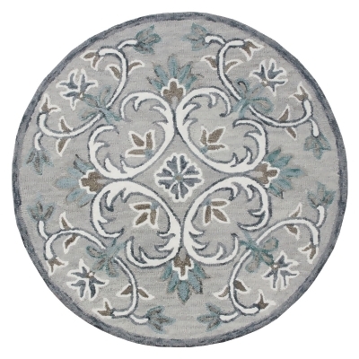 6' Gray and Blue Floral Filigree Hand Tufted Round Area Throw Rug 