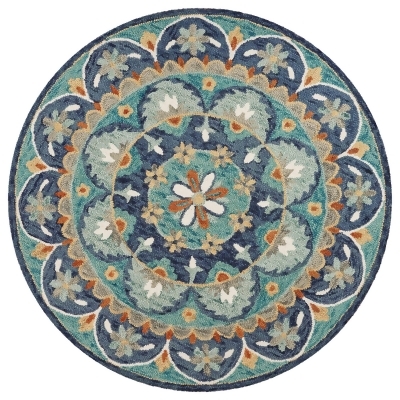 6' Blue and Green Floral Hand Tufted Round Wool Area Throw Rug 
