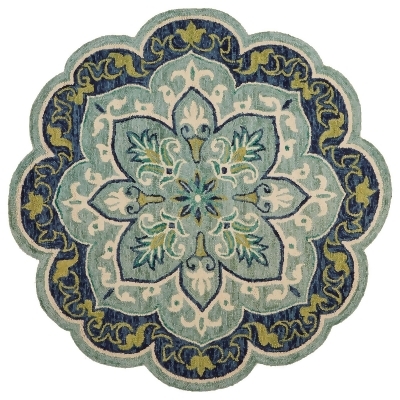 6' Blue and Green Floral Medallion Hand Tufted Wool Area Throw Rug 