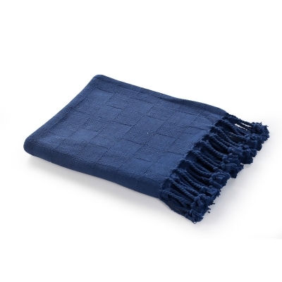 Navy Blue Checkered Weave Fringed Throw Blanket 50
