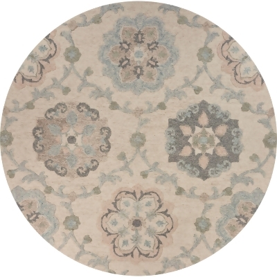 4.75' Ivory and Blue Floral Hand Tufted Round Wool Area Throw Rug 