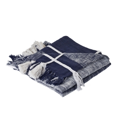 Navy Blue and White Braided Plaid Fringed Throw Blanket 50