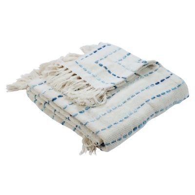 Blue and Beige Shimmer Stripe Hand Woven Throw Blanket with Fringes 50