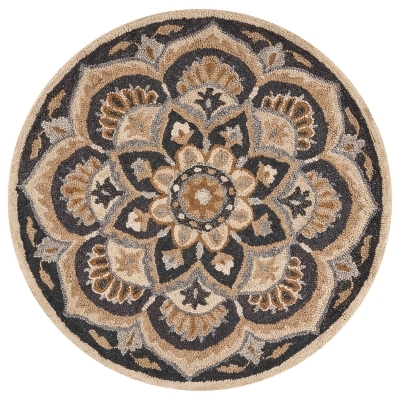 4' Black and Beige Floral Hand Tufted Round Wool Area Throw Rug 