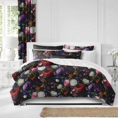Set of 3 Black and Red Floral Comforter with Pillow Shams - Full Size 