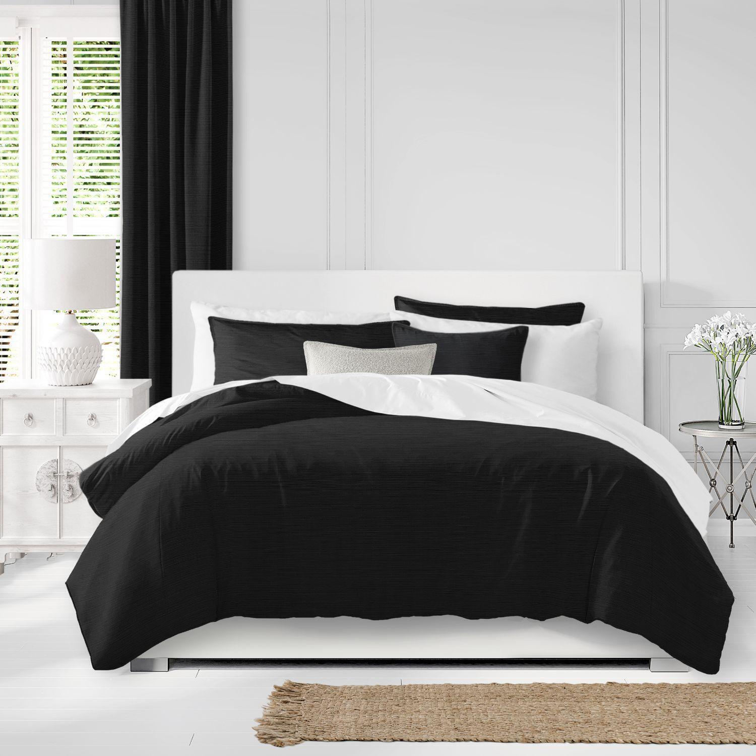Set of 3 Black Solid Textured Comforter with Pillow Shams - King Size