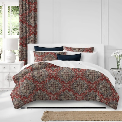 Set of 3 Red and Gray Damask Coverlet with Pillow Shams - King Size 