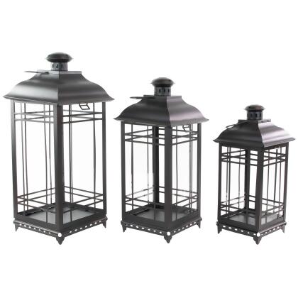 Set of 3 Distressed Black Mission Style Candle Lanterns 19.5