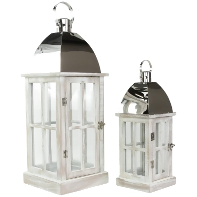 Set of 2 Antique White Wood Candle Lanterns with Silver Tops 21.5