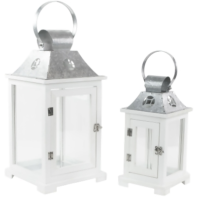 Set of 2 White Wooden Candle Lanterns with Galvanized Metal Tops 19.5