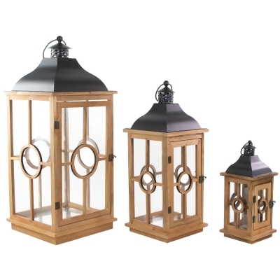 Set of 3 Natural Wood Candle Lanterns with Black Metal Tops 26.5