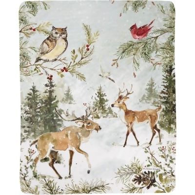 Snowy Forest Themed Birds and Reindeer Art Style Polyester Throw Blanket 50” x 60” 