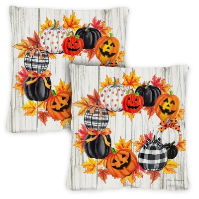 Set of 2 Halloween Jack-O-Lantern Wreath Outdoor Patio Throw Pillow Covers 18