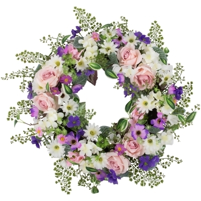 Mixed Floral and Fern Artificial Spring Wreath, 24-Inch 