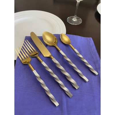 20 pc Twisted Handle Silver and Gold Stainless Steel Flatware Set, Service for 4 